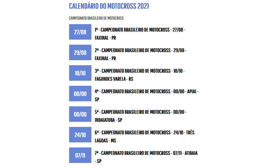 Datas das corridas do BRMX 2021