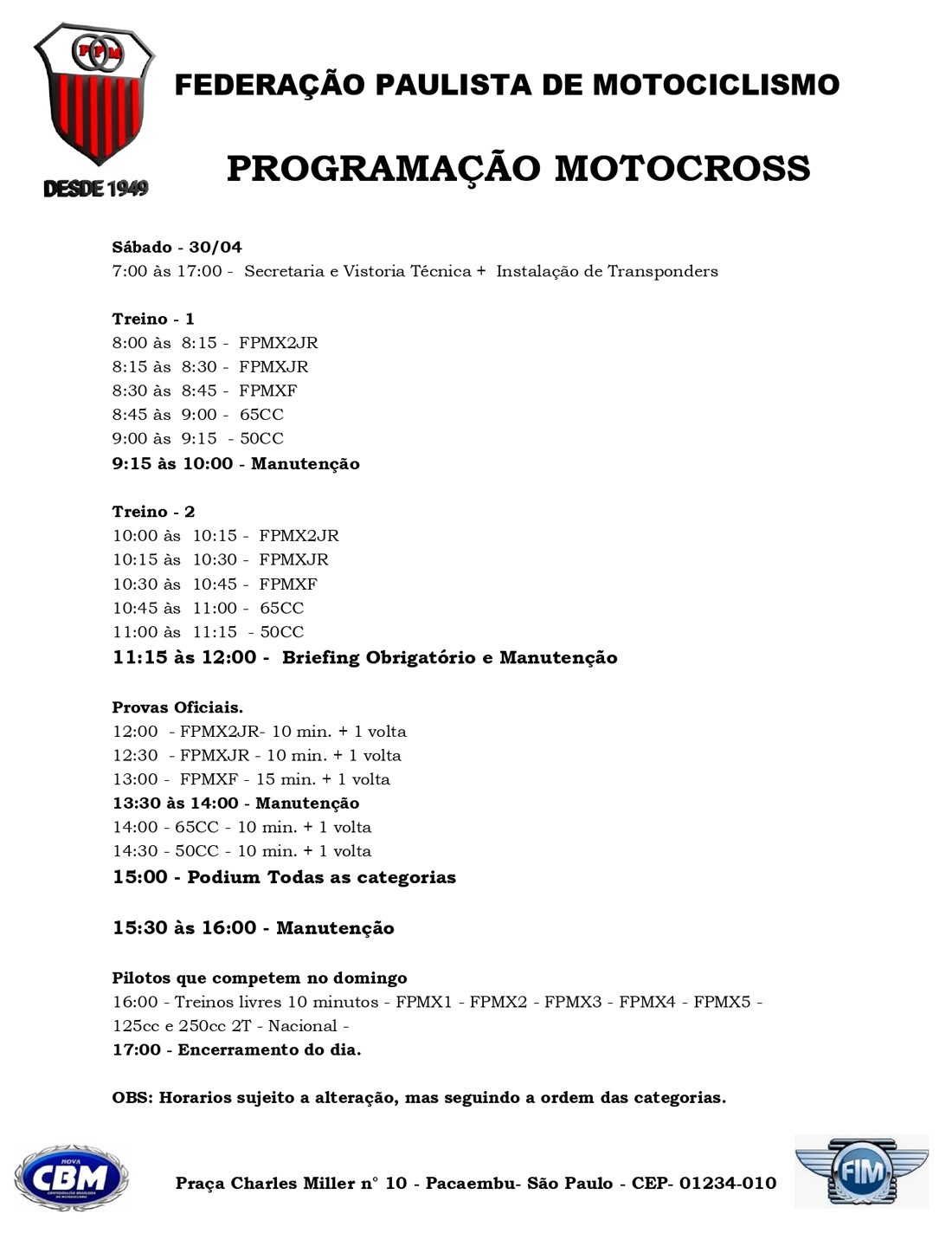 Programação de sábado da 1ª etapa do Campeonato Estadual de Motocross São Paulo 2022